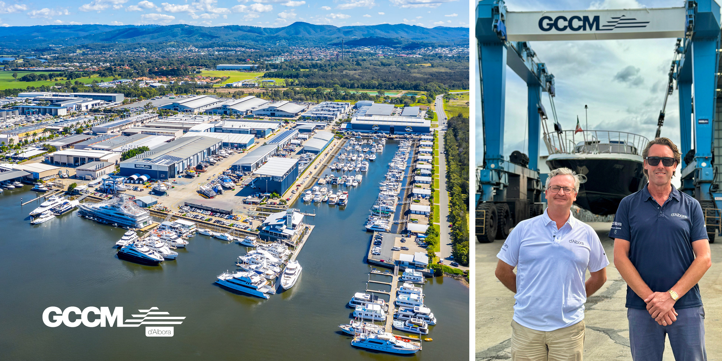 Aerial view of a marina with many boats and industrial buildings, set against green fields and hills in the distance (GCCM facility).