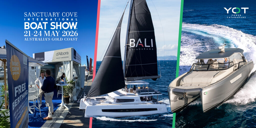 Banner collage for Sanctuary Cove Boat Show 2026 featuring exhibitor booths, sailing yachts, and a fast motorboat on blue ocean.