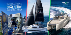 Banner collage for Sanctuary Cove Boat Show 2026 featuring exhibitor booths, sailing yachts, and a fast motorboat on blue ocean.