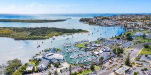 Port Macquarie Marina and entrance, aerial view on a sunny day
