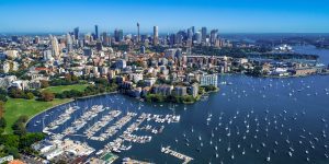 Rushcutters Bay Marina with Sydney Harbour Bridge and the city in the background